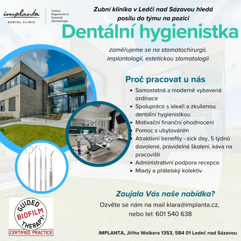 Zubní klinika IMPLANTA přijme Dentální hygienistku Zubní klinika IMPLANTA přijme Dentální hygienistku